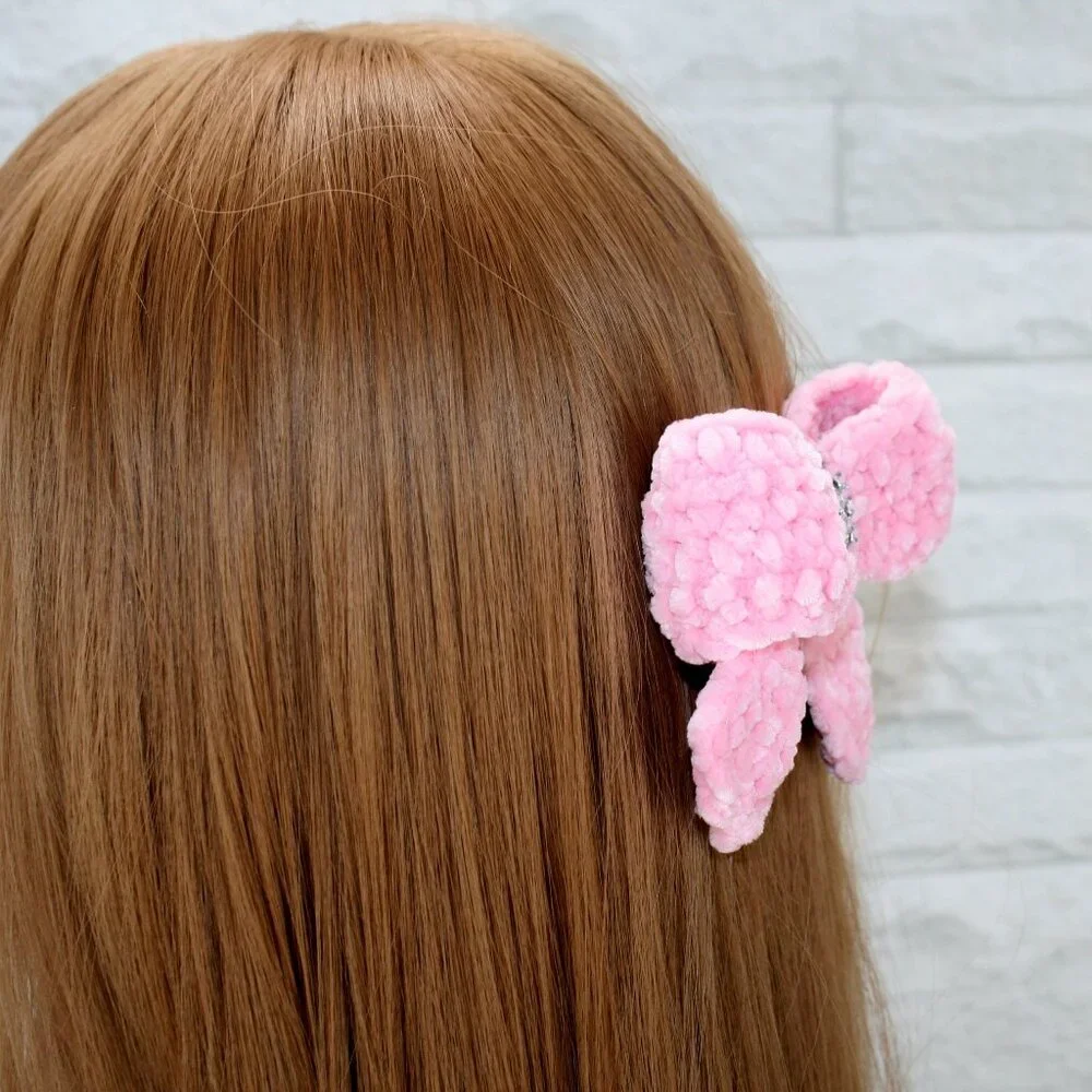 HAND CRAFTED Hair Bow Kids Crochet Chenille Velvet Hair Barrette Oversized Pink